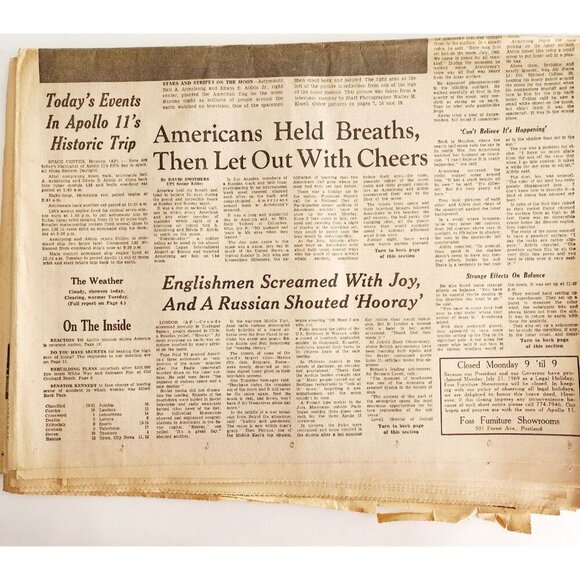 1969 First Moon Landing Apollo 11 Portland Press Newspaper July 21 Moonday DWJJ - Picture 3 of 4